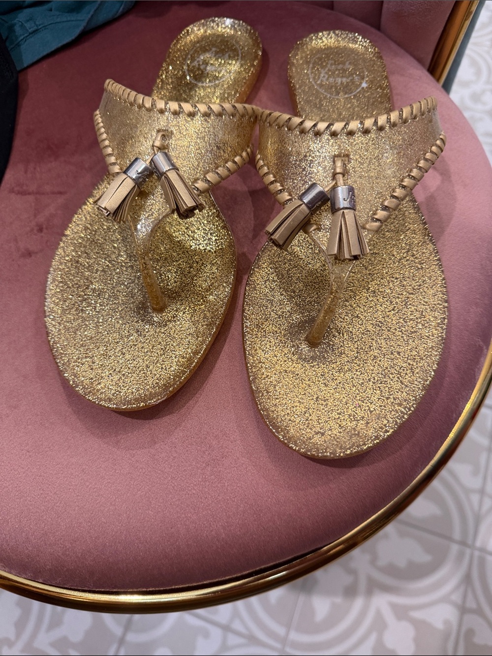 Jack Rogers Gold Glitter Tassel Thong Sandals